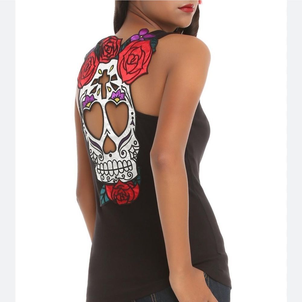 Hell Bunny Black Tank Top with Sugar Skull and Red Rose Back Cutout - Picture 2 of 4